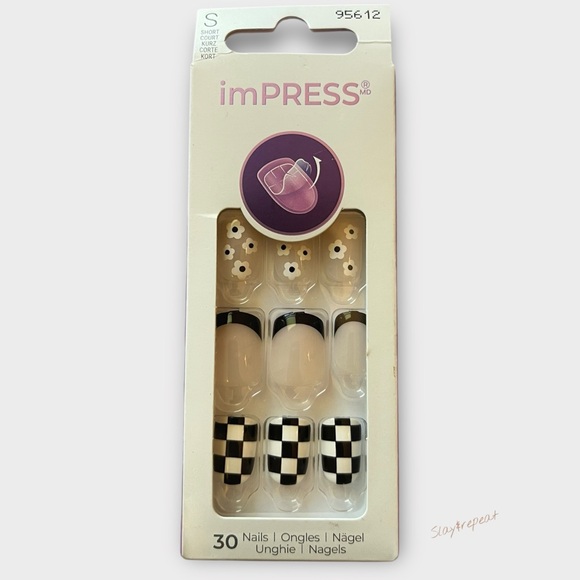 imPRESS Other - imPRESS Short Press-On Nails Checkerboard Daisy French Tip Black White- 30nails